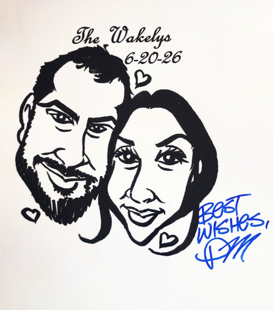 A finished black-ink wedding caricature